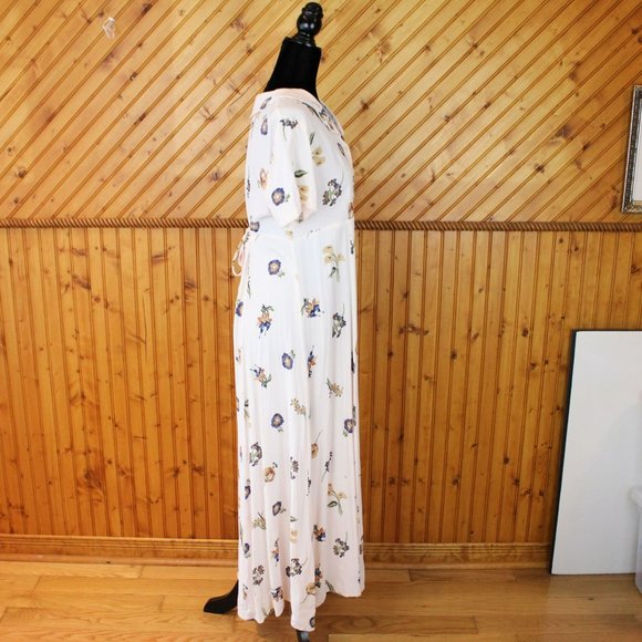 MJW Studio Maxi Shirt Dress Beige Floral Size 7/8 Short Sleeve Collared Half D98 - Picture 3 of 8